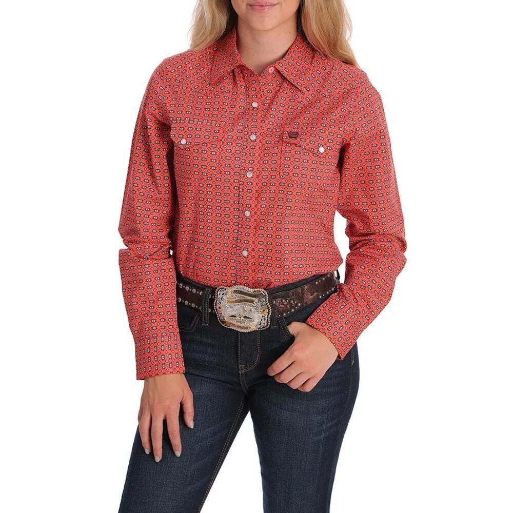 Cinch Women's Red Pearl Print Collared Long Sleeve Snap Shirt Size Small